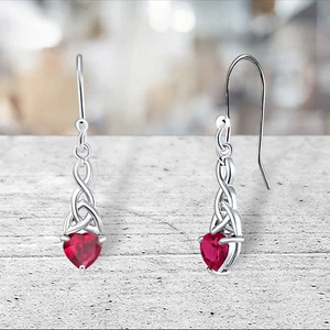 Genuine Ruby Heart Shape Dangle Celtic Trinity Earrings Solid Sterling Silver - Picture 1 of 3