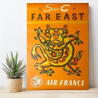 Vintage Air France Far East Travel Poster, 1956 Air France Poster,  Airline Art - Image 1 of 4