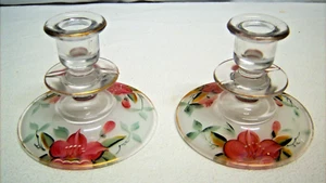 Vintage Paar gefasste Glas Kerzenständer Halter handbemalt rosa Weihnachtsstern 4"Tx5"Dia - Bild 1 von 6