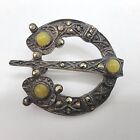 Vintage Celtic Scottish Penannular Brooch Pin Yellow Green Agate Glass Scotland 
