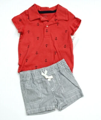 Carter's Boys' 2-Pc Short Sleeve Nautical Polo Shirt Striped Shorts Set Size 3M - Image 1 of 4