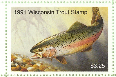 Bloque de estampillas de trucha de Wisconsin extremadamente raras error 1991 Foto 1 de 2