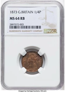 Great Britain 1873 1/4d - NGC MS64 RB - Stunning Color! - Picture 1 of 2