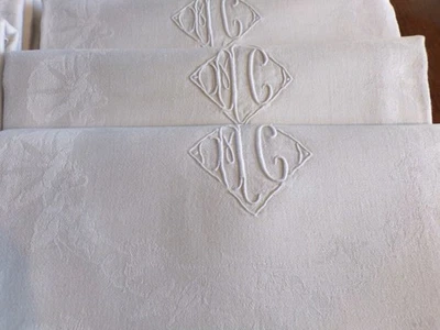 12 Serviettes de Table  en Lin Damassé Monogramme " H C   " - Photo 1/4
