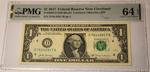 Billete de 1 dólar FRB Cleveland 2017 sin circular 64 EPQ PMG - Imagen 1 de 4
