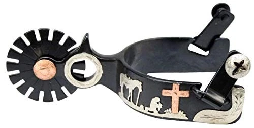Showman Men's Size Black Steel Spurs Praying Cowboy Copper Cross 16 Point Rowel