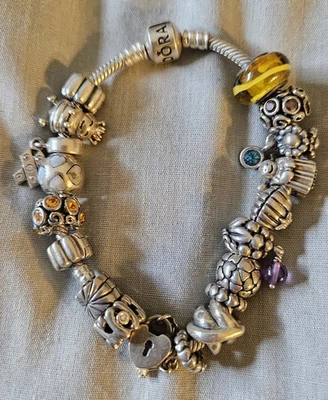 Auténtico Brazalete Pandora Plata de Ley 925 Dije 7.75" CARGADO CON DIJES Foto 1 de 4