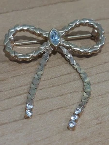 Vintage Avon Schleife Brosche Anstecknadel mit großer CZ Marquise & fünf kleinen CZ, goldfarben signiert - Bild 1 von 3