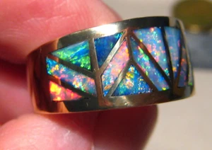 Gem Opal inlay Ring , Solid 14 k Yellow Gold ,  Size 11 1/4 , Brightness 5+ - Picture 1 of 16