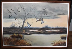 Edgar Nucum (UK,20th C) FLOCK OF MALLARDS MCM Oil Painting Ducks in Flight 39"W - Picture 1 of 9