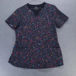 Cherokee Infinity Scrub Top Womens Small Black Multicolor V-Neck Stretch CK634 - Picture 1 of 11