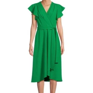 DKNY Faux Wrap Flutter Sleeve V- Neck Dress Green Size 2 NWT - Picture 1 of 6