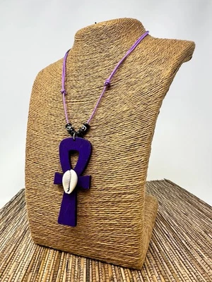 Ankh Necklace Wooden Pendant with Cowry Shell Adjustable Unisex Jewelry Colors - Image 1 of 4