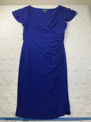 Lauren Ralph Lauren sz 12 Women's Blue Ruched Dress V Neck Cap Sleeve Stretchy - Image 1 of 4