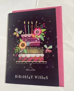 Happy Birthday Wishes Sparkle Greeting Card CakeFloral Candles Pink Envelope - Picture 1 of 6