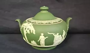 Antique Wedgwood Dark Olive Green Jasperware Covered Round Sugar Bowl or Dish - Picture 1 of 16