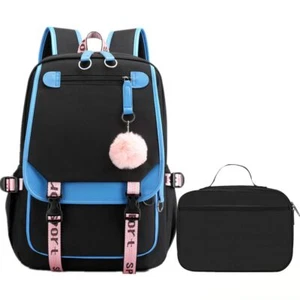 Girls School Backpack USB Port Student Shoulder Bag Lunch Box Black Blue - Picture 1 of 9