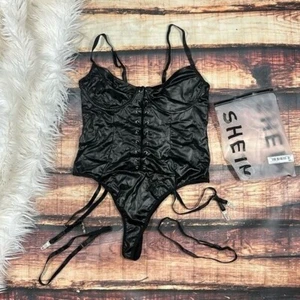 Black Lingerie Bustier Style Lace Up Faux Leather - Picture 1 of 5
