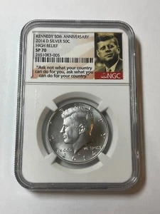 Medio dólar Kennedy de plata 2014-D *alto relieve* NGC (SP 70) 50 aniversario - Imagen 1 de 2