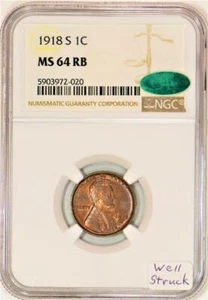 1918-S Lincoln Wheat Cent NGC MS-64 RB with CAC; Well Struck - Picture 1 of 4