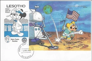 Disney Mark Twain Quotes Mickie Mouse In The Moon Lesotho FDC Sheet 1985 - Picture 1 of 1