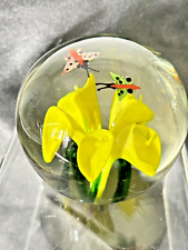 Vintage Murano? Yellow  Flower Butterflies Glass  Paperweight 3"
