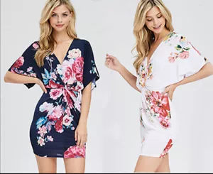 Minikleid mit Blumenmuster und gedrehter Vorderseite kurz Kimonoärmel D3873 - Bild 1 von 15