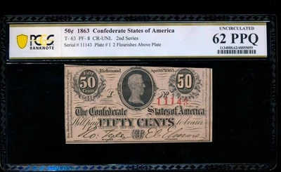 AC T-63 $0.50 1863 Confederate CSA PCGS 62 PPQ PF-8 TOUGHER VARIETY - Image 1 of 2