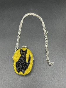 Vintage Beaded Black Cat Coin Purse With Chain - Picture 1 of 5