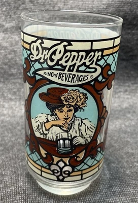 Vaso de vidrio publicitario estilo vitral vintage Dr Pepper King of Beverages Foto 1 de 3