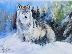 Signed White Gray Wolf In The Snow Art Print "Snow Play" Matted - Picture 1 of 7