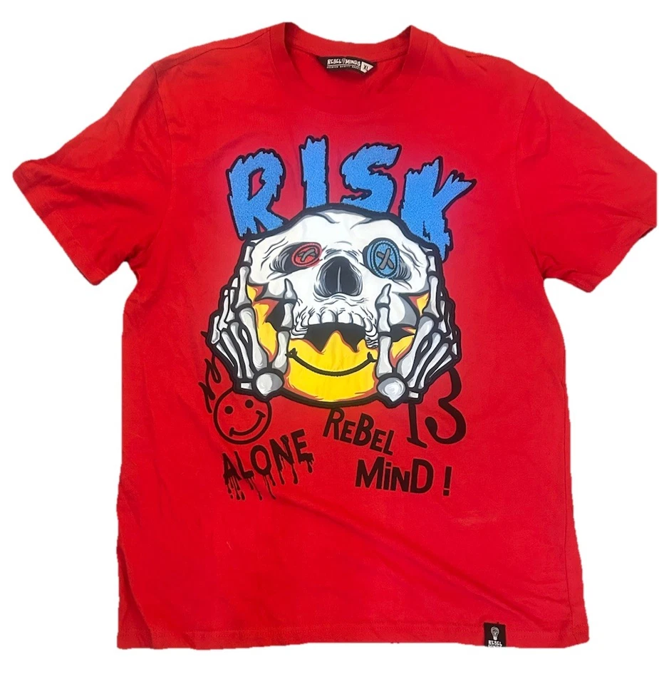 CAMISETA 3D Para Hombre XL Calavera Roja Solo Riesgo Gráfico Texturizado Mentes Rebeldes Bordado Foto 1 de 4
