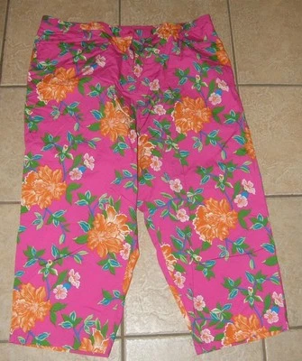 Bright Colorful Floral Plus Sz 3X Stretchy Capris Cropped Pants Pockets KAKTUS - Image 1 of 4
