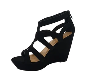 Schwarze Riemchensandalen offene Zehenpartie Keilabsatz mit Reißverschluss hinten für Damengröße 6,5 - Bild 1 von 8