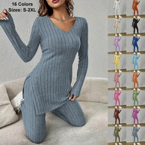 Women Ladies Long Sleeve Ribbed V Neck Bottom Tops Lounge Wear Tracksuit Pjs Set - Picture 1 of 29