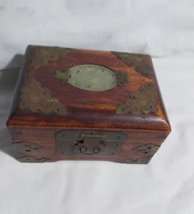 Vintage Wood Carved Inlaid Jade Stone Jewellery Box L13cm *W10cm *H8cm - Picture 1 of 10