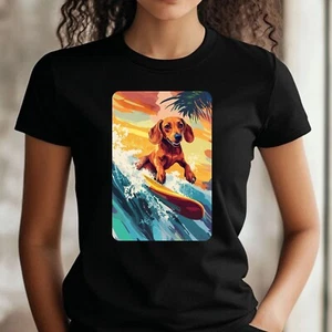 T-Shirt Frauen Dackel beim Surfen Motiv Baumwolle Größe XS bis 3XL - Picture 1 of 1