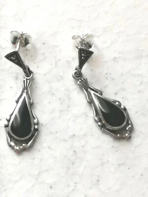 Orecchini da donna antichi in argento pendenti con pietra in onice degli anni 50 - Immagine 1 di 4