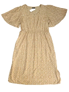 New AUTOGRAPH Dress NWT Size 14 Beige Geometric Flutter Sleeve Viscose Pockets - Picture 1 of 7
