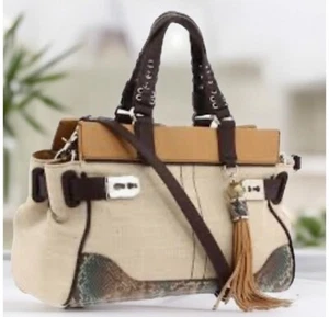 Rafe Bags Rafe New York “Roopal” Snake Print Linen Tan Brown Satchel *SEE PICS - Picture 1 of 15