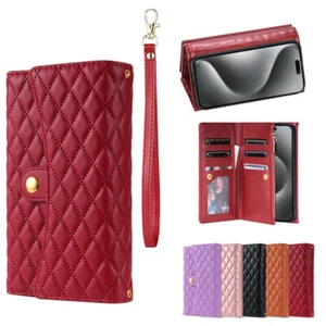 Multi Card Zipper Short Hanging Rope Phone PU Leather Case For iPhone 15 PRO Max - Picture 1 of 65