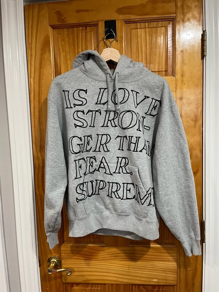 Толстовка с капюшоном Supreme Stronger Than Fear вышитая серая размер маленький - Изображение 1 из 4