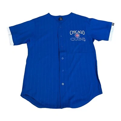 Vintage Chicago Cubs Jersey Shirt Men L Front Row Blue Button Up Pin Stripe USA - Image 1 of 4