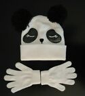 Girls Panda Black & White Winter Knit Hat w/ Matching Gloves One Size