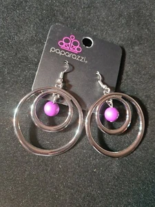 NWT Paparazzi "Diva Pop" jewelry purple Bead Silver Double Hoop earrings. - Picture 1 of 2
