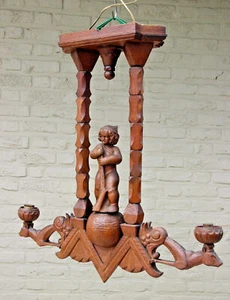 Antique German Black forest wood carved hunting deer chandelier pendant light - Picture 1 of 10