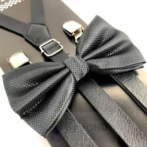 Cravatta bretelle e fiocco adulto pelle skinny nero diamante abbigliamento formale accessori - Foto 1 di 5