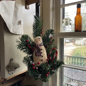 Primitive 15” Water Dipper With Snowman And Greenery Decoration, Red Berries - Picture 1 of 5