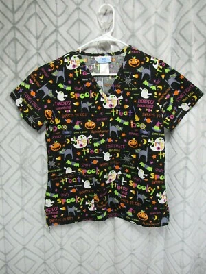 Blusa Médica Exfoliante Talla XS Negra Halloween Cuello en V Manga Corta Bolsillos Trabajo Carrera Foto 1 de 4