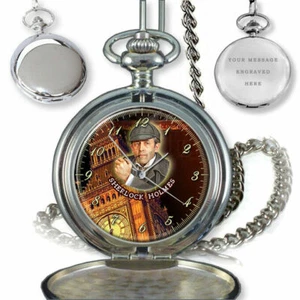 OROLOGIO DA TASCA AL QUARZO SHERLOCK HOLMES DETECTIVE A.C.DOYLE REGALO COMPLEANNO INCISIONE - Foto 1 di 9